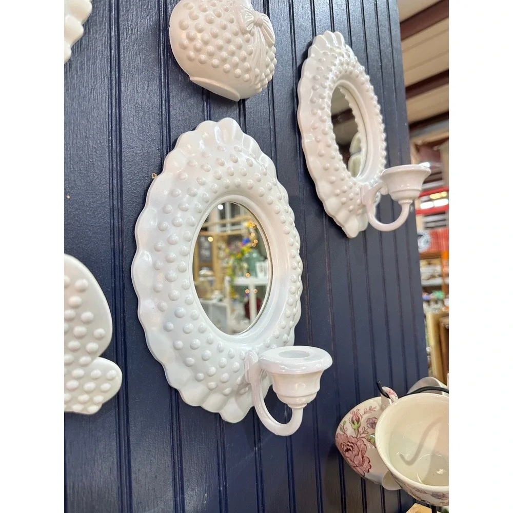 Hobnail Wall Decor Set Mirror Sconce Butterfly Basket White 9 Piece Set